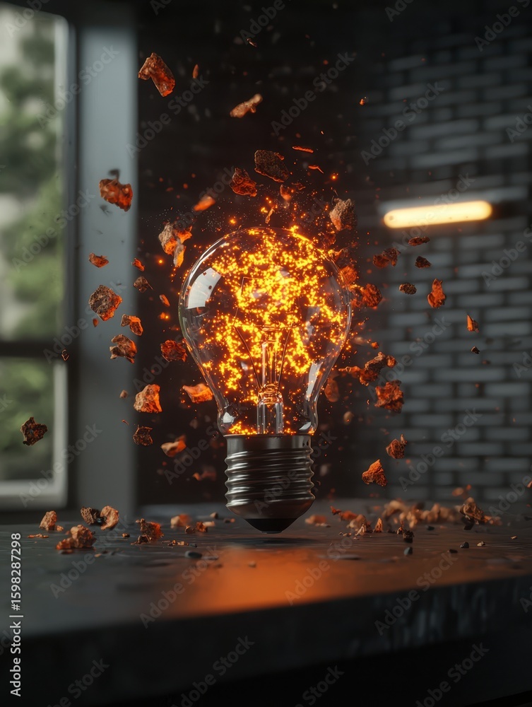 Poster exploding light bulb with sparks and debris in industrial setting
