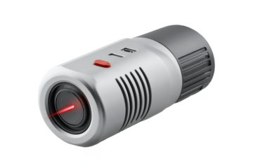 A compact cylindrical laser pointer device with a visible red laser beam and textured grip on the rear section.