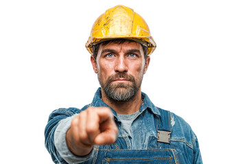 A rugged construction worker in a hard hat and denim overalls, pointing directly at the viewer with a serious and intense expression