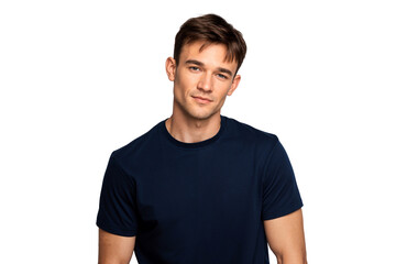 Charming young man wearing a simple navy blue t-shirt, looking at the camera with a gentle smile