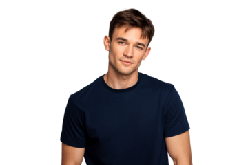 Charming young man wearing a simple navy blue t-shirt, looking at the camera with a gentle smile