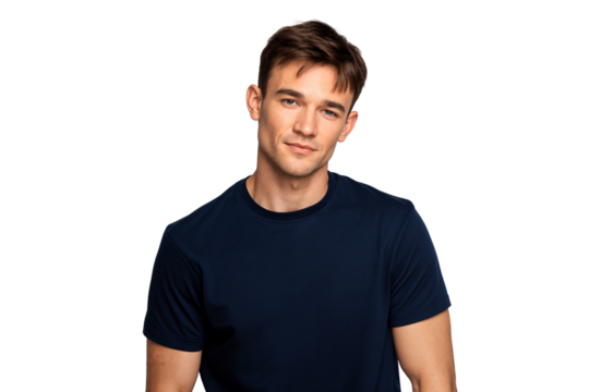 Charming young man wearing a simple navy blue t-shirt, looking at the camera with a gentle smile