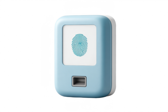 A compact fingerprint scanner device with a blue casing and a digital fingerprint display on the front.