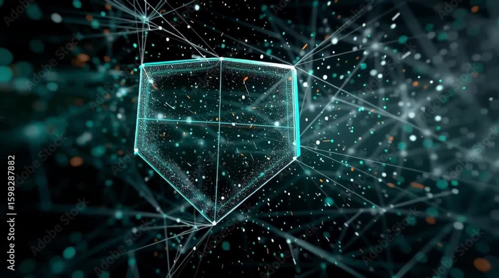 Poster zero trust architecture. a glowing transparent shield surrounded by digital particles and lines, sym