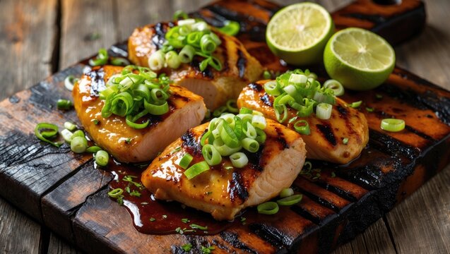 Grilled tuna steaks topped with green onions and served with lime halves on a wooden cutting board. - Powered by Adobe