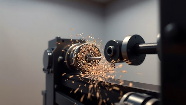 A metal lathe cutting a piece of metal with sparks flying in a workshop environment with gray walls
