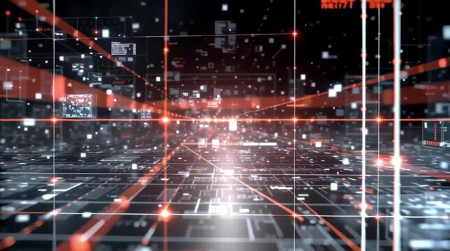 Zero trust architecture. A digital grid with glowing red lines and floating data screens creates a futuristic, high-tech virtual environment.