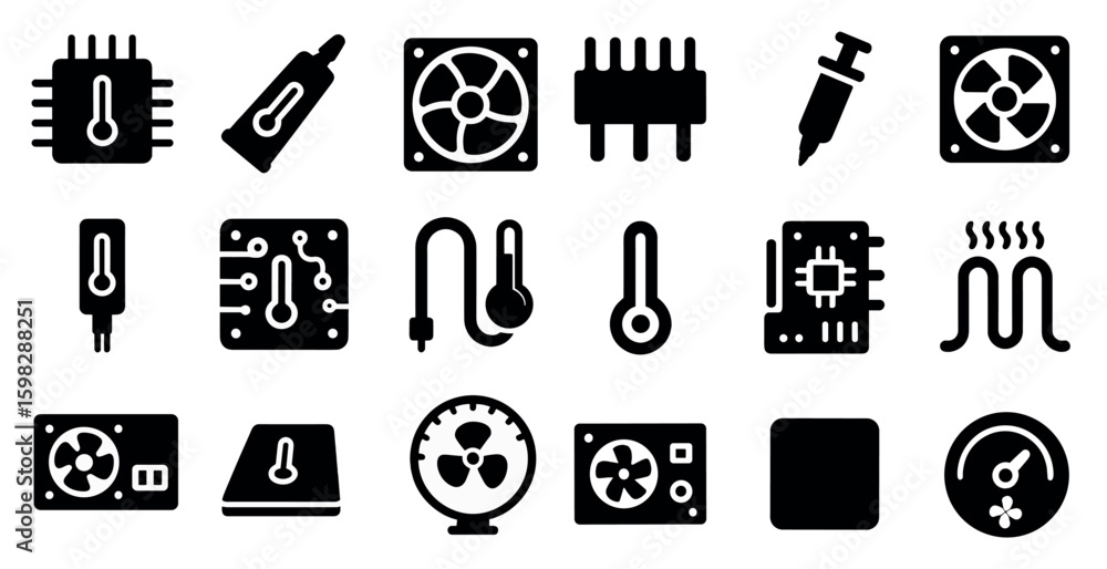 Poster electronics solid icons set – tech, gadget, hardware and device symbols