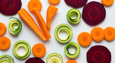 A vibrant flat lay of various fresh vegetables, including sliced carrots, beetroots, and spiralized zucchini, arranged in an abstract pattern on a white background.