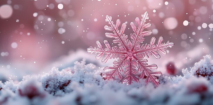 Macro photography of a delicate pink snowflake in winter wonderland