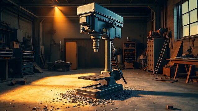A floor standing drill press in a workshop illuminated by a bright overhead light source in a garage
