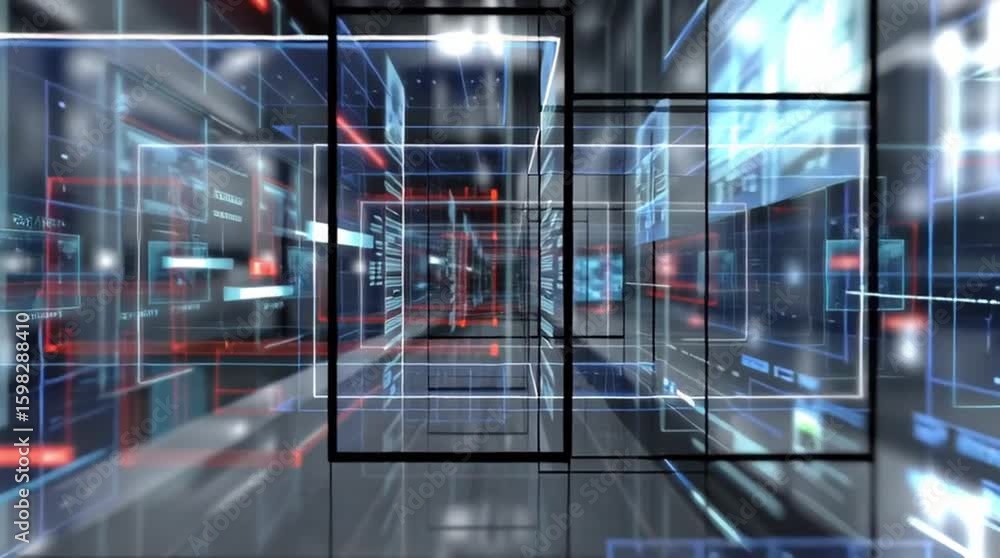 Poster zero trust architecture. a futuristic digital corridor filled with transparent screens and holograph