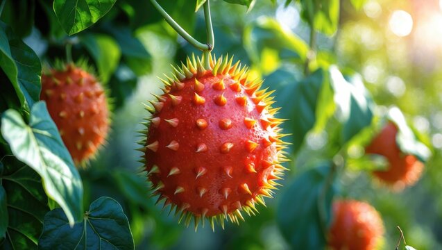 A spiky red fruit hanging from a branch with green leaves surrounding it.