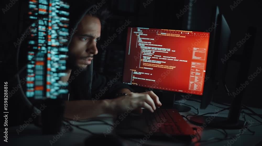 Poster zero trust architecture. a person in a hoodie is intensely focused on a digital screen filled with g