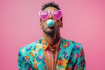 Trendy man blowing bubblegum in colorful outfit