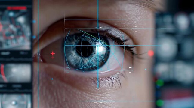 Zero trust architecture. A close-up of a human eye being scanned by advanced biometric technology with graphical user interface elements.