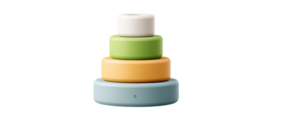 A colorful wooden stacking toy with five differently sized and colored rings, topped with a white cap.