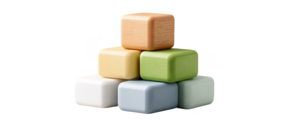 Six pastel-colored wooden cubes stacked in a pyramid formation with smooth rounded edges.