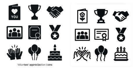 Volunteer appreciation filled icons set – solid, recognition, award symbols