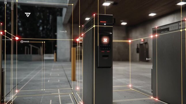Zero trust architecture. A modern, high-tech security gate system with digital interface and virtual overlays in a concrete parking facility.