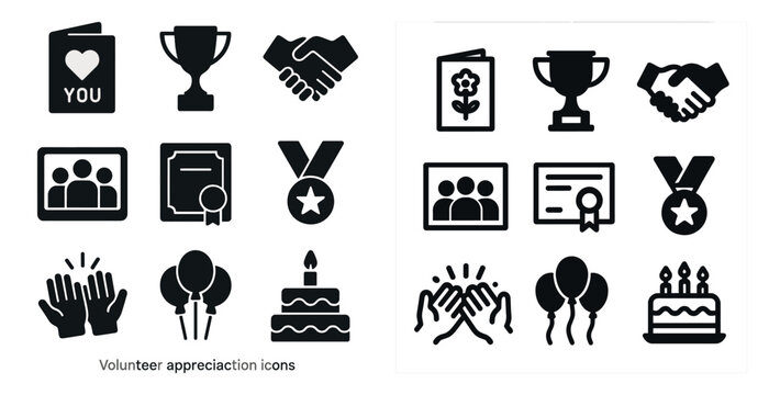 Volunteer appreciation filled icons set – solid, recognition, award symbols