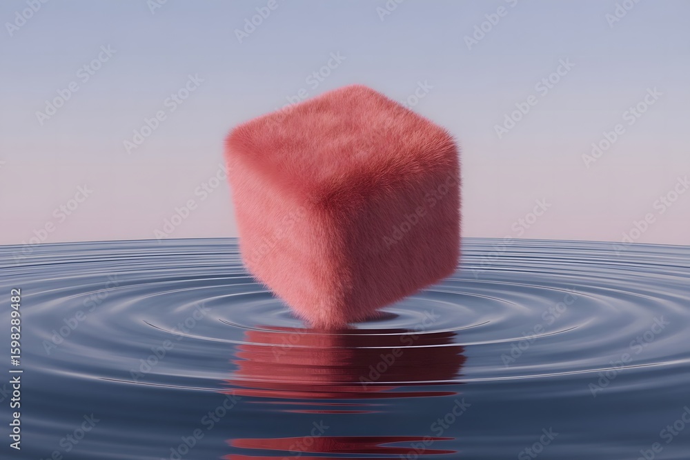 Poster pink fluffy cube floating on calm water surface minimalist 3d render