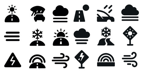 Weather and climate solid icons set – filled, silhouette, storm and forecast symbols