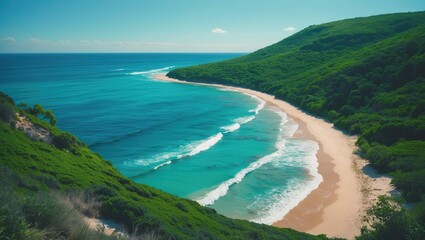 Obraz premium A coastal landscape with a sandy beach, turquoise waves, and green hills under a clear sky.