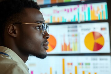 Man analyzing data with glowing digital charts