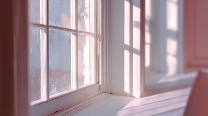 A serene morning light streaming through a classic window, illuminating the soft interior with a warm glow.