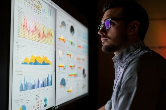 Man analyzing data with glowing digital charts
