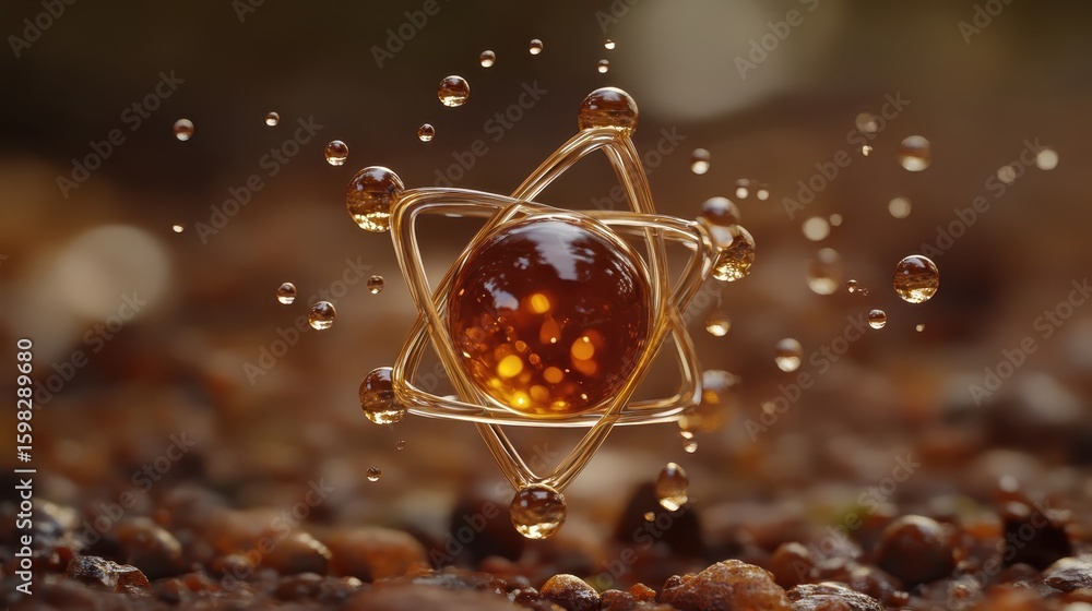 Poster abstract atom structure with droplets and bokeh background