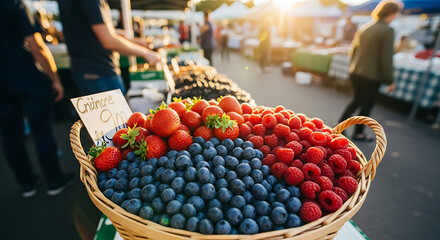 A large basket at a farmers market stall is filled with a colorful display of fresh berries, including divided sections of bright red strawberries, deep blue blueberries, and red raspberries.