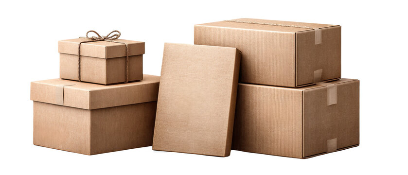 Five brown cardboard boxes of different shapes and sizes, some tied with string and others sealed with tape.