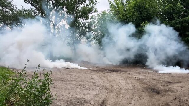 Smoke from a thrown smoke grenade spreads along a dirt road, rises up, and obscures visibility. Tactical exercises of the military. A real war.