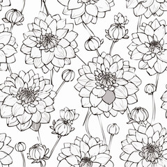 Fototapeta premium Seamless vector pattern of detailed dahlia flowers and buds. A beautiful black and white floral line art drawing for design and backgrounds.