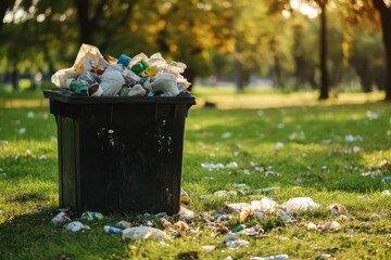 Overflowing trash bin with plastic and paper in park