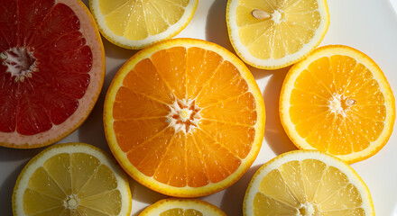 A close-up, top-down view of a colorful assortment of sliced citrus fruits, including oranges, lemons, and grapefruit, arranged on a white background.