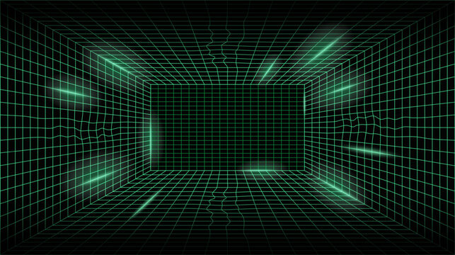 Cyberpunk Grid Room Glowing Line Background. 3D Game Neon Wireframe Space Digital Vector Texture Perspective Tunnel. Retro Futuristic Virtual Techno Landscape. Cyberspace Abstract Matrix VR Wallpaper
