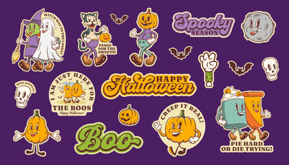 Groovy Halloween Pumpkin Retro Stickers Set. Cartoon Pie, Cat, Witch, Ghost, Moon Vector Autumn Holiday Mascot Sticker Templates Collection Happy Vintage Cool Personage Illustrations Isolated