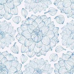 Fototapeta premium Delicate blue line art dahlia flower seamless pattern. A beautiful hand-drawn botanical vector illustration background.