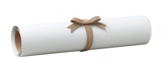 Rolled white paper tied with a brown burlap ribbon in a bow.