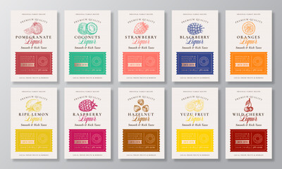 Family Recipe Fruit, Berries and Nuts Liquor Acohol Labels Collection. Abstract Vector Packaging Design Layouts Set. Modern Typography Banners with Hand Drawn Logo and Background.