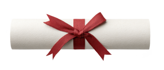 A rolled parchment tied with a red ribbon bow, representing a certificate or diploma.