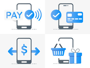 Mobile payment icons illustrate digital transactions with smartphone, including contactless payment, credit card use, money transfer, and online shopping with gift