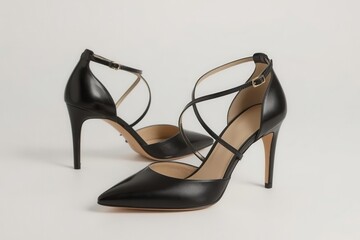 A pair of elegant black high-heeled shoes with ankle straps, exuding sophistication and style.