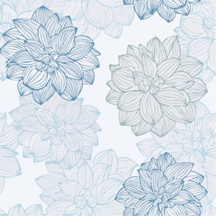 A delicate seamless vector pattern featuring hand-drawn blue dahlia flowers. An elegant vintage floral line art background illustration.