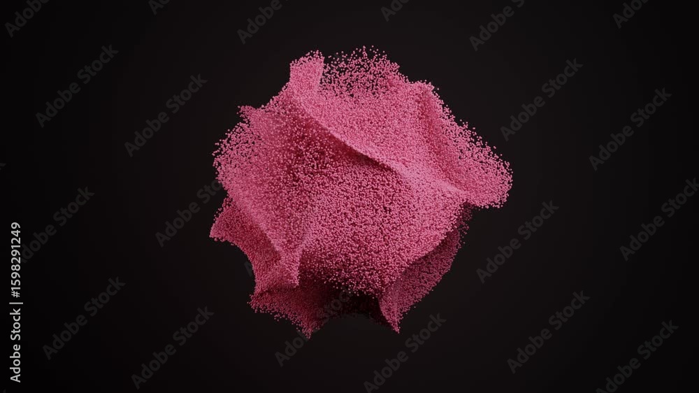 Poster high-contrast chaotic pink particle cloud animation on a deep black background, showcasing detailed 