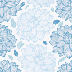 Beautiful seamless vector pattern of blue dahlia flowers. A botanical line art illustration with elegant floral elements and leaves.