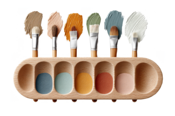 A wooden palette holds six paintbrushes dipped in various earth-tone paints, each with a different brush shape and color swatch beneath it.